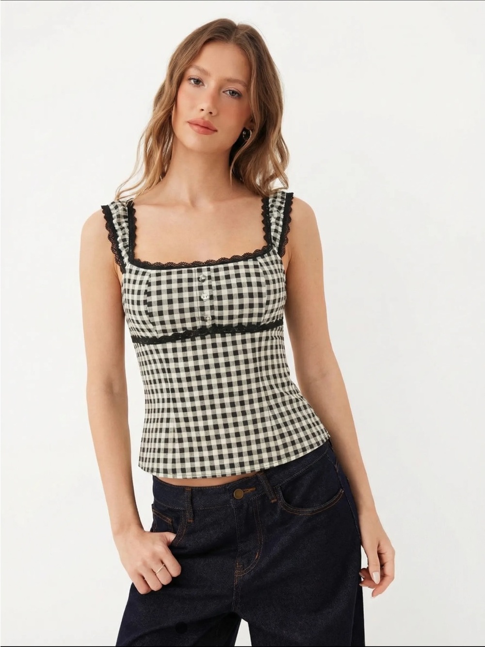 Cider Black & Cream Gingham Lace-Trim Square Neck Camisole - Picture 2 of 9
